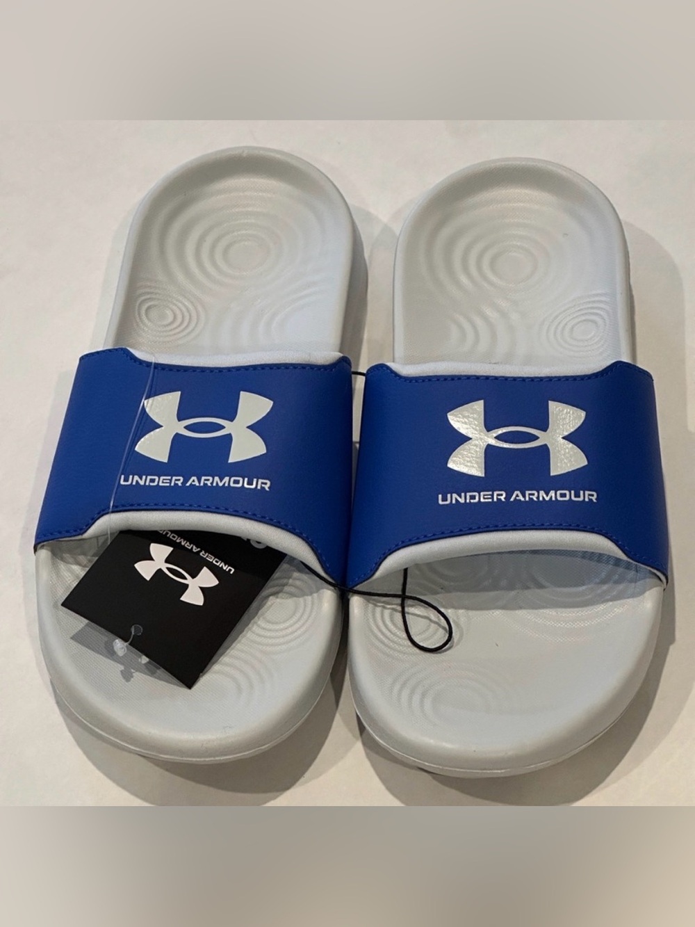 Under Armour Boys Blue White Classic Flip Flop Slides Sizes 12K 6Y 7Y NEW